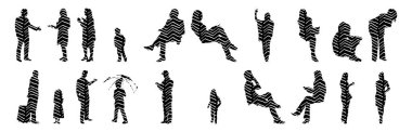Vektör siluetleri, insanların ana hatları, Contour çizimleri, insanların siluetleri, ikon kümesi izole edilmiş, oturan insanların silueti, mimari set