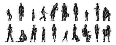 Vektör siluetleri, insanların ana hatları, Contour çizimleri, insanların siluetleri, ikon kümesi izole edilmiş, oturan insanların silueti, mimari set