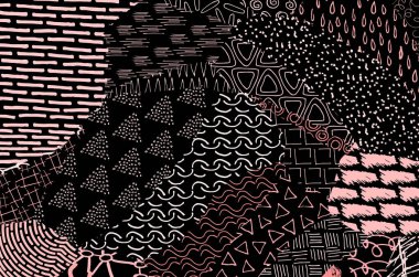 Soyut siyah darbeler, El, Vektör Deseni 'ni çizdi. Geometrik tarzda soyut arkaplan. Soyut çok renkli geometrik desen.