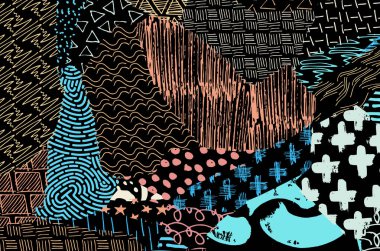 Soyut siyah darbeler, El, Vektör Deseni 'ni çizdi. Geometrik tarzda soyut arkaplan. Soyut çok renkli geometrik desen.