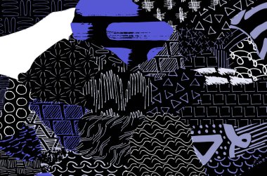 Soyut siyah darbeler, El, Vektör Deseni 'ni çizdi. Geometrik tarzda soyut arkaplan. Soyut çok renkli geometrik desen.