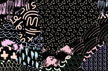 Soyut siyah darbeler, El, Vektör Deseni 'ni çizdi. Geometrik tarzda soyut arkaplan. Soyut çok renkli geometrik desen.