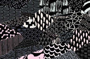 Soyut siyah darbeler, El, Vektör Deseni 'ni çizdi. Geometrik tarzda soyut arkaplan. Soyut çok renkli geometrik desen.