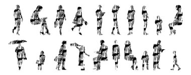 Vektör siluetleri, insanların ana hatları, Contour çizimleri, insanların siluetleri, ikon kümesi izole edilmiş, oturan insanların silueti, mimari set