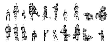 Vektör siluetleri, insanların ana hatları, Contour çizimleri, insanların siluetleri, ikon kümesi izole edilmiş, oturan insanların silueti, mimari set