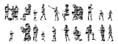 Vektör siluetleri, insanların ana hatları, Contour çizimleri, insanların siluetleri, ikon kümesi izole edilmiş, oturan insanların silueti, mimari set