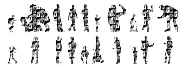 Vektör siluetleri, insanların ana hatları, Contour çizimleri, insanların siluetleri, ikon kümesi izole edilmiş, oturan insanların silueti, mimari set