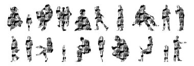 Vektör siluetleri, insanların ana hatları, Contour çizimleri, insanların siluetleri, ikon kümesi izole edilmiş, oturan insanların silueti, mimari set