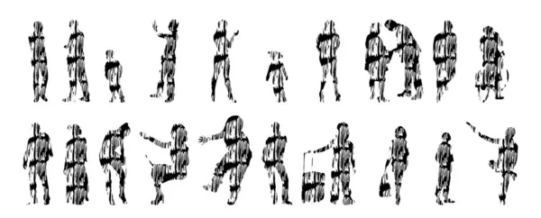 矢量轮廓 人的轮廓轮廓 线路图 人的轮廓 独立的图标集 在位人的轮廓 建筑集合 — 图库矢量图片