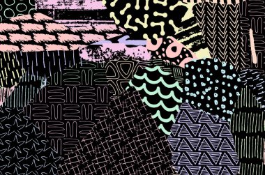 Soyut siyah darbeler, El, Vektör Deseni 'ni çizdi. Geometrik tarzda soyut arkaplan. Soyut çok renkli geometrik desen.