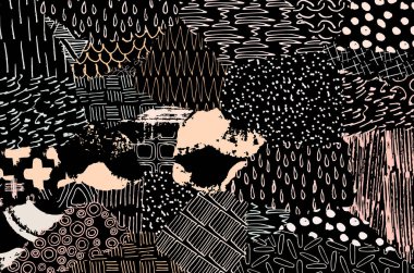 Soyut siyah darbeler, El, Vektör Deseni 'ni çizdi. Geometrik tarzda soyut arkaplan. Soyut çok renkli geometrik desen.