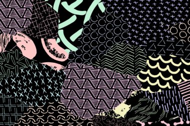 Soyut siyah darbeler, El, Vektör Deseni 'ni çizdi. Geometrik tarzda soyut arkaplan. Soyut çok renkli geometrik desen.