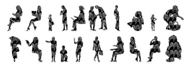 Vektör siluetleri, insanların ana hatları, Contour çizimleri, insanların siluetleri, ikon kümesi izole edilmiş, oturan insanların silueti, mimari set