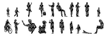 Vektör siluetleri, insanların ana hatları, Contour çizimleri, insanların siluetleri, ikon kümesi izole edilmiş, oturan insanların silueti, mimari set