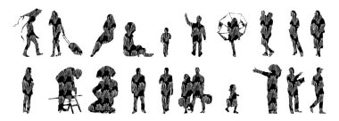 Vektör siluetleri, insanların ana hatları, Contour çizimleri, insanların siluetleri, ikon kümesi izole edilmiş, oturan insanların silueti, mimari set