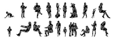 Vektör siluetleri, insanların ana hatları, Contour çizimleri, insanların siluetleri, ikon kümesi izole edilmiş, oturan insanların silueti, mimari set