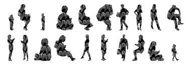 Vektör siluetleri, insanların ana hatları, Contour çizimleri, insanların siluetleri, ikon kümesi izole edilmiş, oturan insanların silueti, mimari set