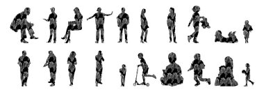 Vektör siluetleri, insanların ana hatları, Contour çizimleri, insanların siluetleri, ikon kümesi izole edilmiş, oturan insanların silueti, mimari set