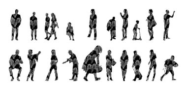 Vektör siluetleri, insanların ana hatları, Contour çizimleri, insanların siluetleri, ikon kümesi izole edilmiş, oturan insanların silueti, mimari set