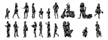 Vektör siluetleri, insanların ana hatları, Contour çizimleri, insanların siluetleri, ikon kümesi izole edilmiş, oturan insanların silueti, mimari set