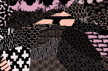 Soyut siyah darbeler, El, Vektör Deseni 'ni çizdi. Geometrik tarzda soyut arkaplan. Soyut çok renkli geometrik desen.