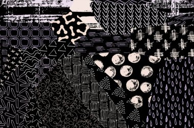 Soyut siyah darbeler, El, Vektör Deseni 'ni çizdi. Geometrik tarzda soyut arkaplan. Soyut çok renkli geometrik desen.