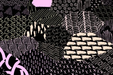 Soyut siyah darbeler, El, Vektör Deseni 'ni çizdi. Geometrik tarzda soyut arkaplan. Soyut çok renkli geometrik desen.