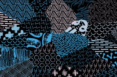 Soyut siyah darbeler, El, Vektör Deseni 'ni çizdi. Geometrik tarzda soyut arkaplan. Soyut çok renkli geometrik desen.