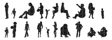 Vektör siluetleri, insanların ana hatları, Contour çizimleri, insanların siluetleri, ikon kümesi izole edilmiş, oturan insanların silueti, mimari set