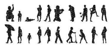 Vektör siluetleri, insanların ana hatları, Contour çizimleri, insanların siluetleri, ikon kümesi izole edilmiş, oturan insanların silueti, mimari set