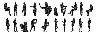 Vektör siluetleri, insanların ana hatları, Contour çizimleri, insanların siluetleri, ikon kümesi izole edilmiş, oturan insanların silueti, mimari set