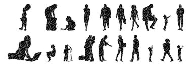 Vektör siluetleri, insanların ana hatları, Contour çizimleri, insanların siluetleri, ikon kümesi izole edilmiş, oturan insanların silueti, mimari set