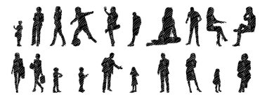 Vektör siluetleri, insanların ana hatları, Contour çizimleri, insanların siluetleri, ikon kümesi izole edilmiş, oturan insanların silueti, mimari set