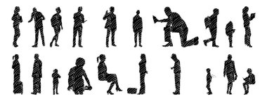 Vektör siluetleri, insanların ana hatları, Contour çizimleri, insanların siluetleri, ikon kümesi izole edilmiş, oturan insanların silueti, mimari set