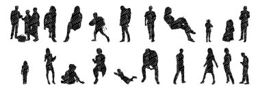Vektör siluetleri, insanların ana hatları, Contour çizimleri, insanların siluetleri, ikon kümesi izole edilmiş, oturan insanların silueti, mimari set