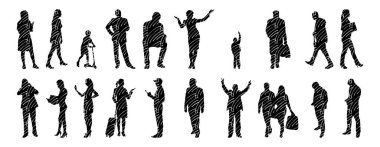 Vektör siluetleri, insanların ana hatları, Contour çizimleri, insanların siluetleri, ikon kümesi izole edilmiş, oturan insanların silueti, mimari set