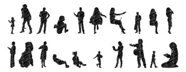 Vektör siluetleri, insanların ana hatları, Contour çizimleri, insanların siluetleri, ikon kümesi izole edilmiş, oturan insanların silueti, mimari set
