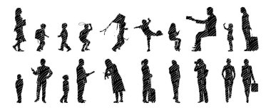 Vektör siluetleri, insanların ana hatları, Contour çizimleri, insanların siluetleri, ikon kümesi izole edilmiş, oturan insanların silueti, mimari set