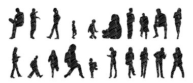 Vektör siluetleri, insanların ana hatları, Contour çizimleri, insanların siluetleri, ikon kümesi izole edilmiş, oturan insanların silueti, mimari set