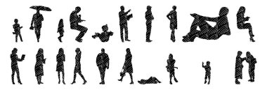 Vektör siluetleri, insanların ana hatları, Contour çizimleri, insanların siluetleri, ikon kümesi izole edilmiş, oturan insanların silueti, mimari set