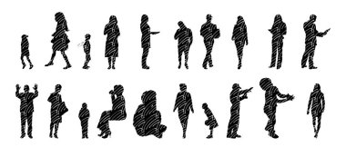 Vektör siluetleri, insanların ana hatları, Contour çizimleri, insanların siluetleri, ikon kümesi izole edilmiş, oturan insanların silueti, mimari set