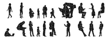Vektör siluetleri, insanların ana hatları, Contour çizimleri, insanların siluetleri, ikon kümesi izole edilmiş, oturan insanların silueti, mimari set