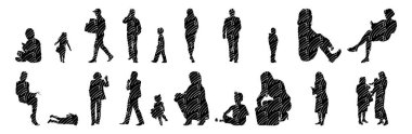 Vektör siluetleri, insanların ana hatları, Contour çizimleri, insanların siluetleri, ikon kümesi izole edilmiş, oturan insanların silueti, mimari set