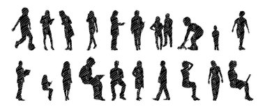 Vektör siluetleri, insanların ana hatları, Contour çizimleri, insanların siluetleri, ikon kümesi izole edilmiş, oturan insanların silueti, mimari set