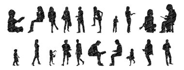 Vektör siluetleri, insanların ana hatları, Contour çizimleri, insanların siluetleri, ikon kümesi izole edilmiş, oturan insanların silueti, mimari set