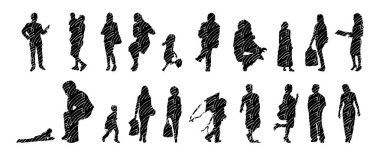 Vektör siluetleri, insanların ana hatları, Contour çizimleri, insanların siluetleri, ikon kümesi izole edilmiş, oturan insanların silueti, mimari set
