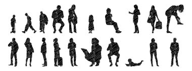 Vektör siluetleri, insanların ana hatları, Contour çizimleri, insanların siluetleri, ikon kümesi izole edilmiş, oturan insanların silueti, mimari set