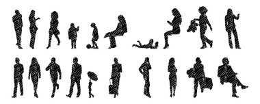 Vektör siluetleri, insanların ana hatları, Contour çizimleri, insanların siluetleri, ikon kümesi izole edilmiş, oturan insanların silueti, mimari set