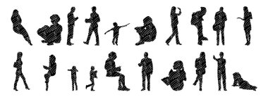 Vektör siluetleri, insanların ana hatları, Contour çizimleri, insanların siluetleri, ikon kümesi izole edilmiş, oturan insanların silueti, mimari set