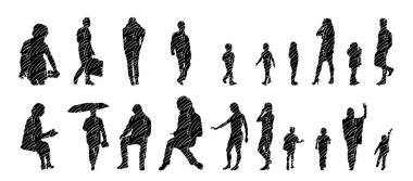 Vektör siluetleri, insanların ana hatları, Contour çizimleri, insanların siluetleri, ikon kümesi izole edilmiş, oturan insanların silueti, mimari set